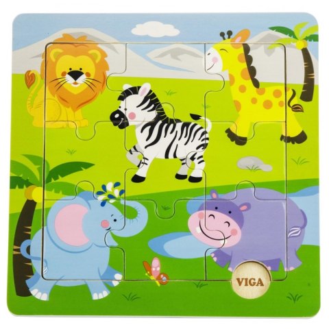 VIGA Poręczne Drewniane Puzzle Dzikie Zwierzęta Safari ZOO 9 elementów